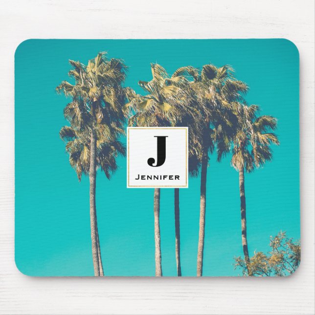 Tropical Palm Trees Retro Vibe Monogram Mouse Pad (Front)