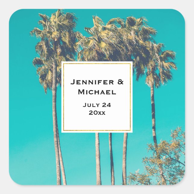 Tropical Palm Trees Retro Wedding Date Square Sticker (Front)
