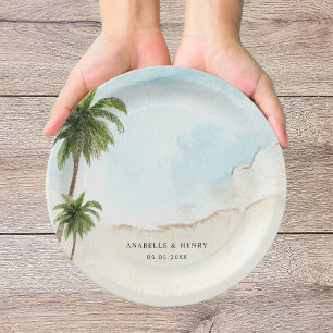 Tropical Palm Trees Sand Beach Destination Wedding Paper Plate