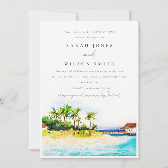Tropical Palm Trees Seascape Beach Couples Shower Invitation (Front)