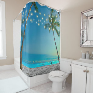 Tropical Palm Trees String Lights Beach Shower Curtain