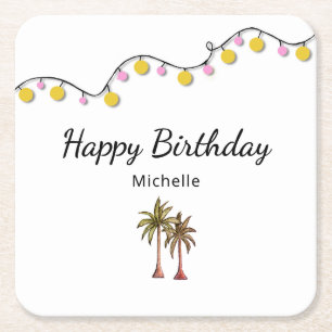 Tropical Palm Trees String Lights Birthday Party Square Paper Coaster