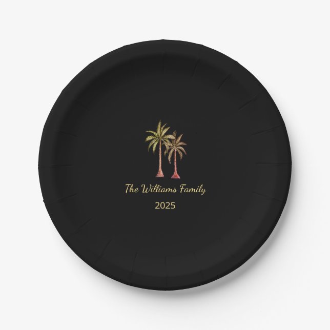 Tropical Palm Trees Summer Swim Party Black Paper Plate (Front)