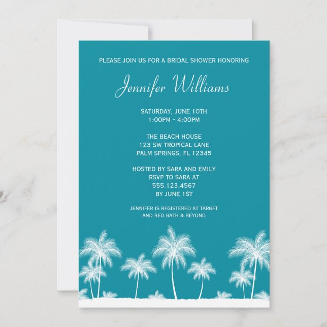 Tropical Palm Trees Teal Bridal Shower Invitation (Front)