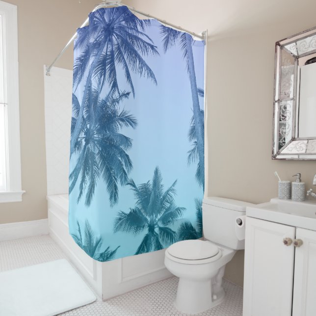 Tropical Palm Trees Teal Gradient Trendy Shower Curtain (In Situ)