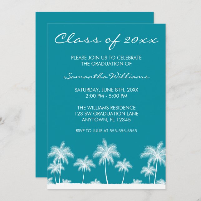 Tropical Palm Trees Teal Graduation Announcement (Front/Back)