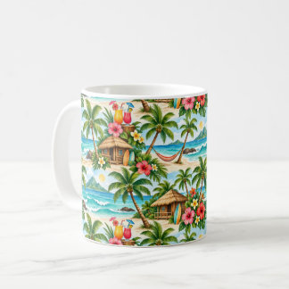 Tropical palm trees, tiki huts, beach cocktail coffee mug