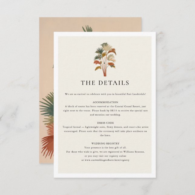 Tropical Palm Trees Watercolor Pastel Boho Wedding Enclosure Card (Front/Back)