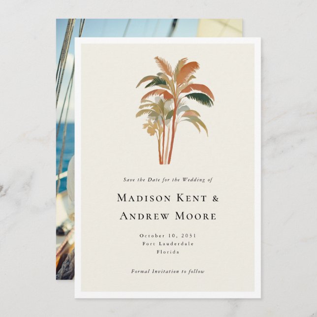 Tropical Palm Trees Watercolor Photo Wedding Save The Date (Front/Back)