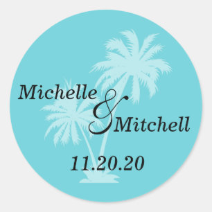 Tropical Palm Trees Wedding Labels (Teal)