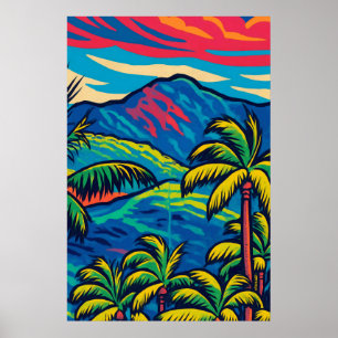 Tropical Palm Trees with Ko'olau Mountain Pop Art Poster
