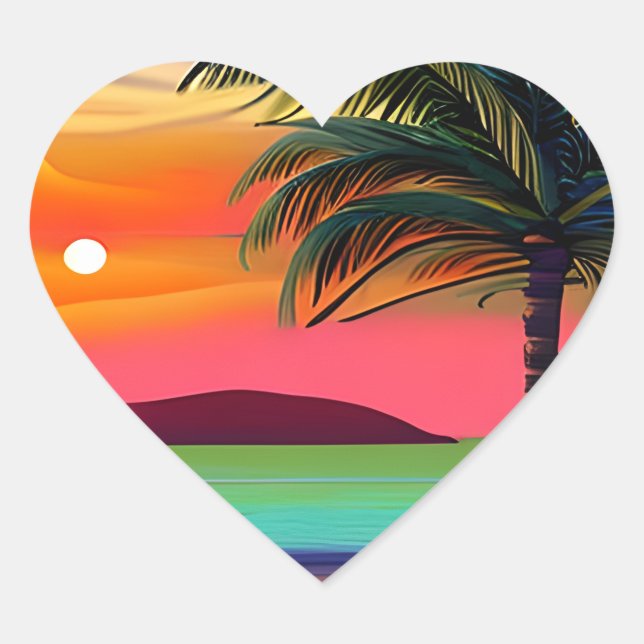 Tropical Palm Tres and Sunset Themed   Heart Sticker (Front)