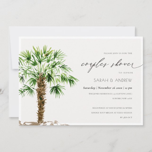 Tropical Palm Watercolor Couples Shower Invite (Front)