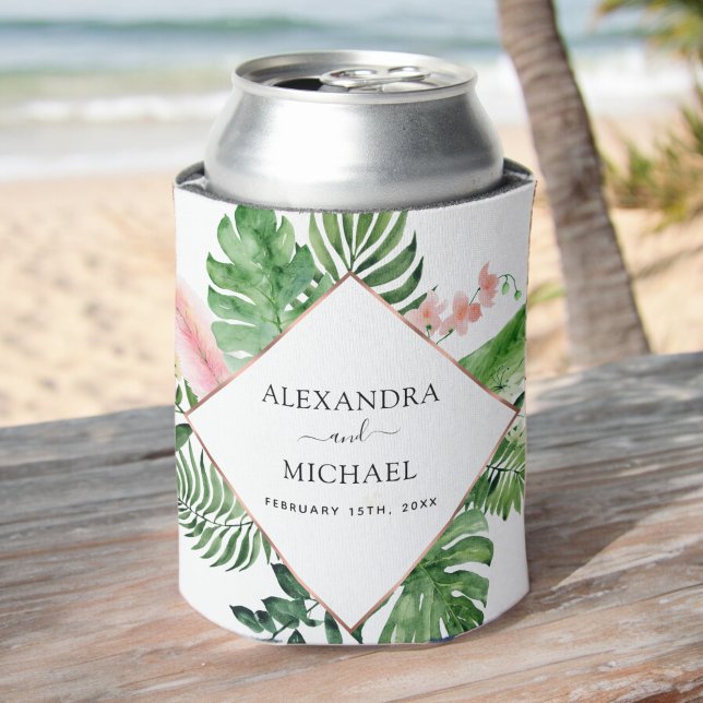 Tropical Palm Watercolor Geometric Wedding Can Cooler (Creator Uploaded)