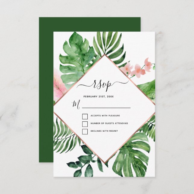 Tropical Palm Watercolor Geometric Wedding RSVP Invitation (Front/Back)