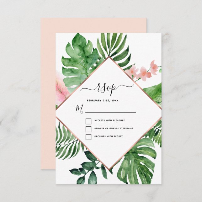 Tropical Palm Watercolor Geometric Wedding RSVP Invitation (Front/Back)