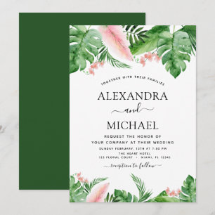 Tropical Palm Watercolor Green Blush Pink Wedding Invitation