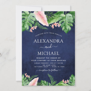 Tropical Palm Watercolor Green Navy Blue Wedding Invitation