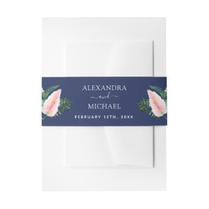 Tropical Palm Watercolor Navy Blue Hawaiian Invitation Belly Band