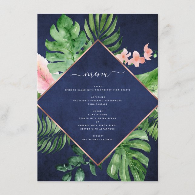Tropical Palm Watercolor Navy Blue Wedding Menu (Front)