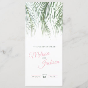 Tropical palm watercolor wedding green pink menu