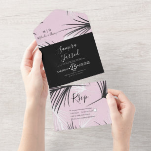 Tropical Palm Wedding Hand Drawn Pink All In One Invitation