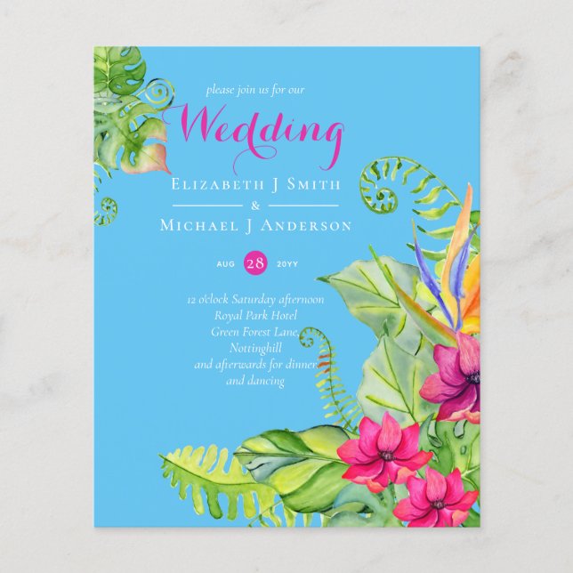 Tropical Palm Wedding Invites Fuchsia Ginger Blue (Front)
