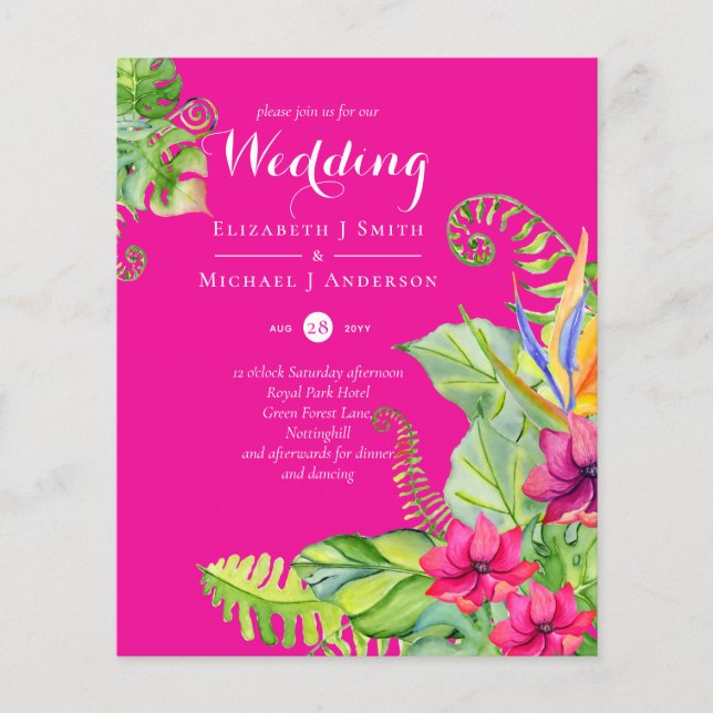 Tropical Palm Wedding Invites Fuchsia Ginger Navy (Front)