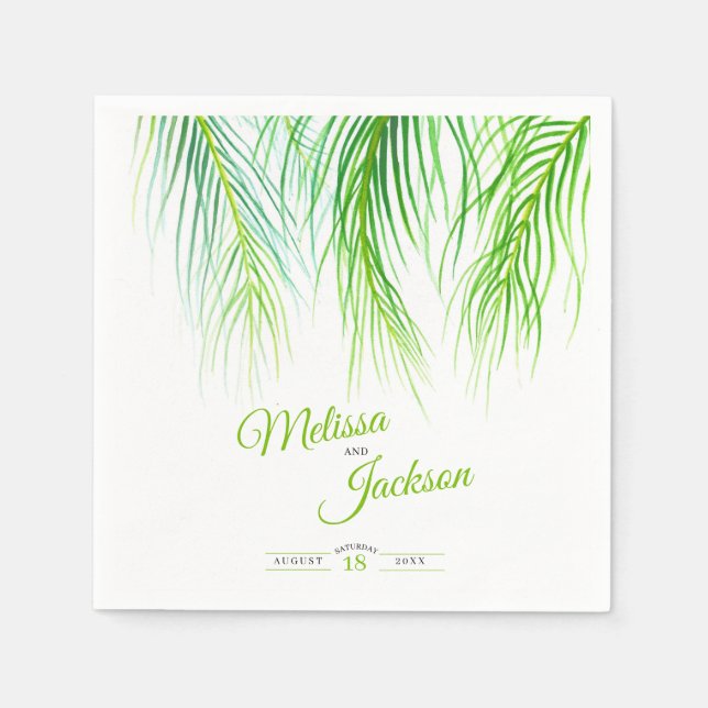Tropical palm wedding lush green and white napkin (Front)