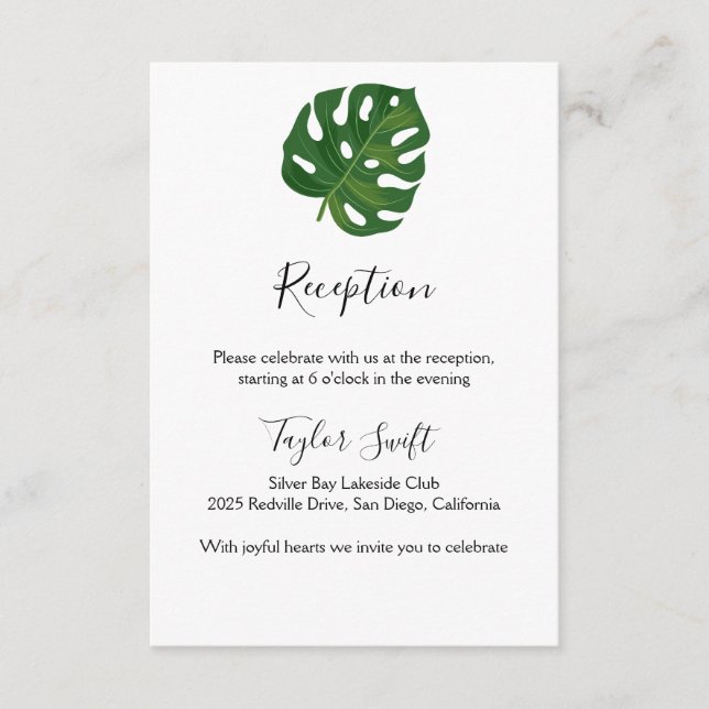 Tropical Palm Wedding Reception Card (Front)