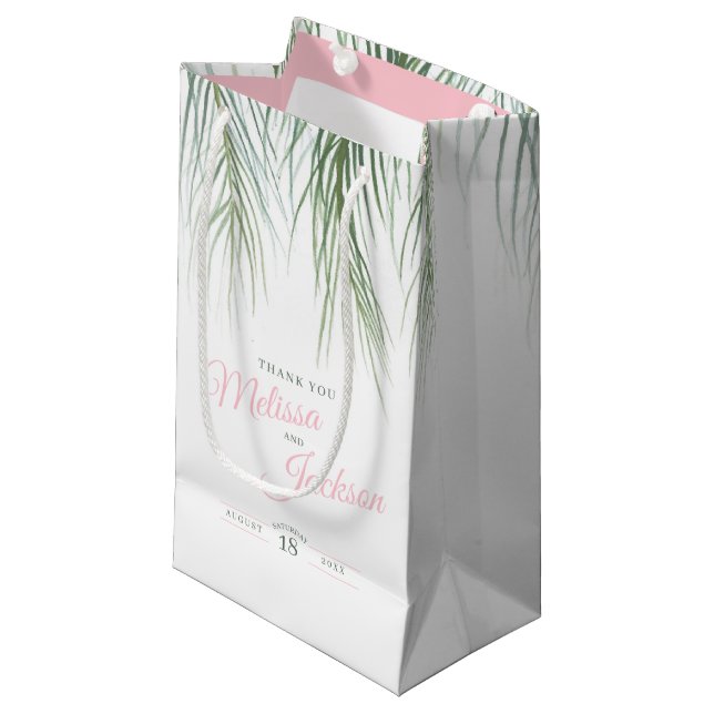 Tropical palm wedding thanks dark green pink white small gift bag (Front Angled)