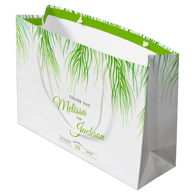 Tropical palm wedding thanks lush green and white large gift bag (Back Angled)