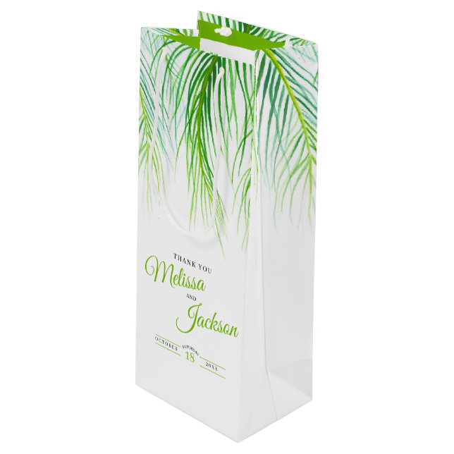 Tropical palm wedding thanks lush green and white wine gift bag (Front Angled)