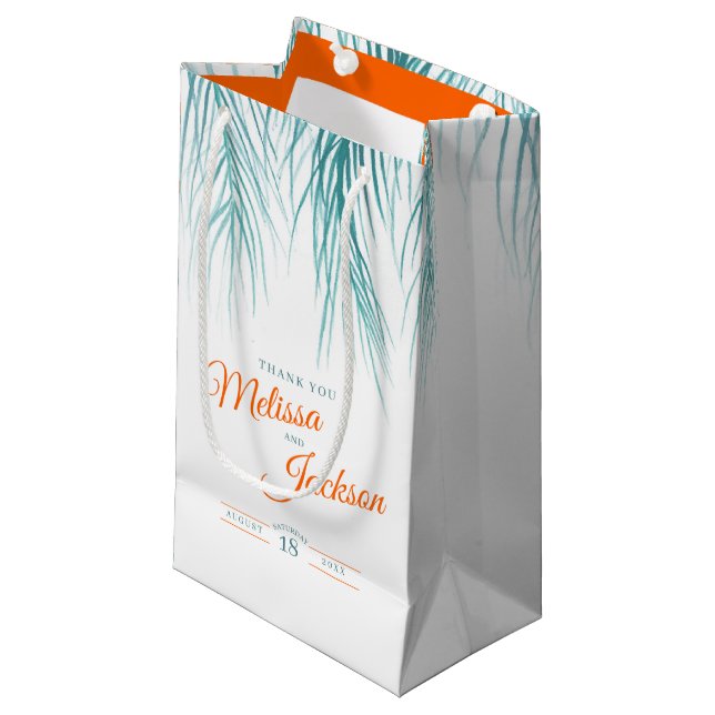 Tropical palm wedding thanks teal orange white small gift bag (Front Angled)