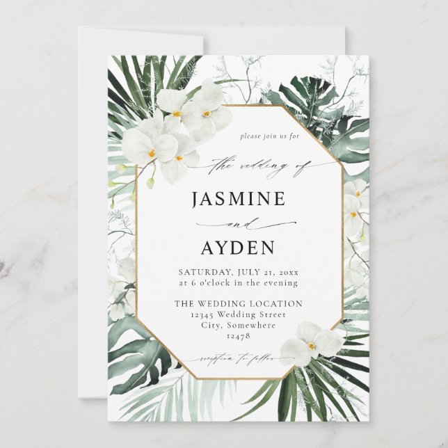 Tropical Palm & White Floral Invitation (Front)