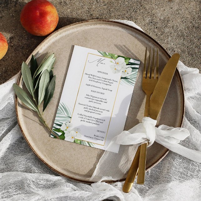 Tropical Palm & White Floral Menu Invitation (Creator Uploaded)