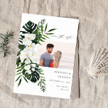Tropical Palm & White Floral Save the Date Photo<br><div class="desc">Tropical is the feeling of this summer, beach, or destination wedding photo Save the Date. It's extra unique with your photo. Custom quality without the custom price, this invite is printed on high quality, professional level printers. And you can easily make your own invite with our templates. Get your guests...</div>