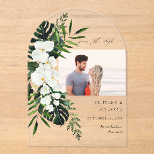Tropical Palm & White Floral Save the Date Photo A