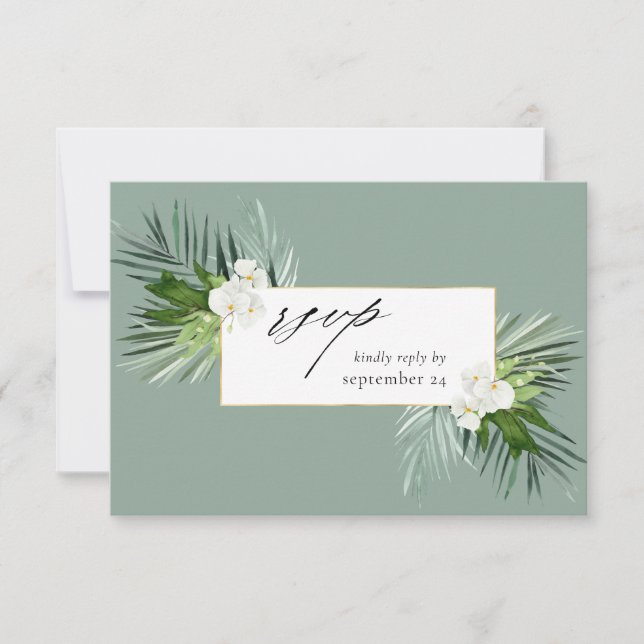 Tropical Palm & White Floral w Meal RSVP Card 3 MG (Front)