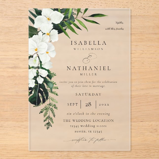 Tropical Palm & White Floral Wedding 2 V2 Acrylic Invitations (Front)