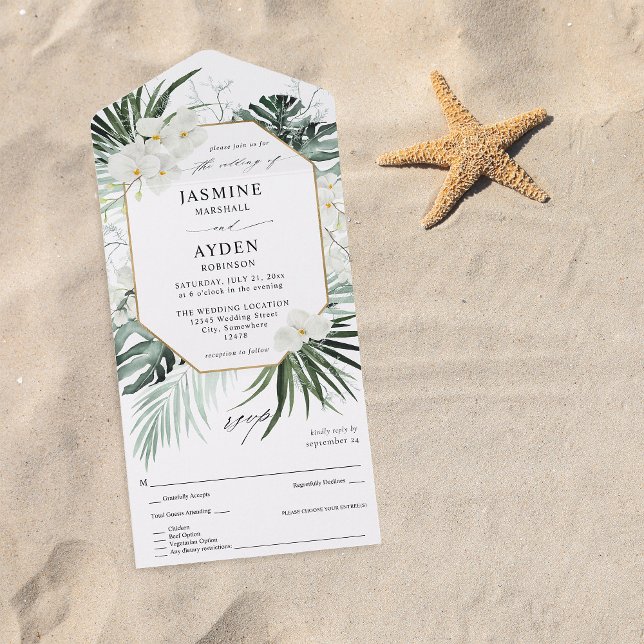Tropical Palm & White Floral Wedding All In One Invitation (Creator Uploaded)