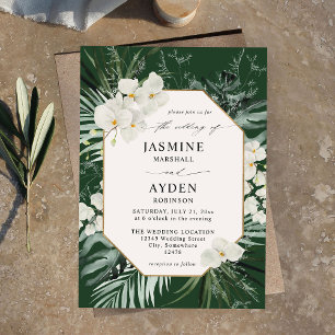 Tropical Palm & White Floral Wedding V2 LN D Green Invitation