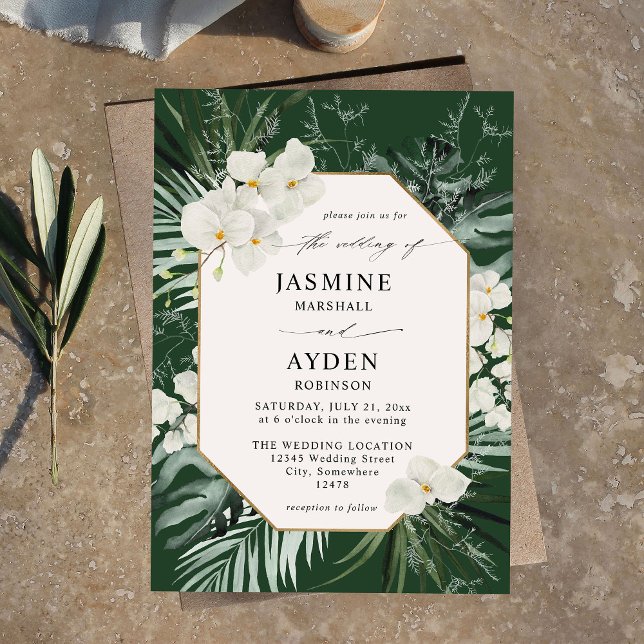 Tropical Palm & White Floral Wedding V2 LN D Green Invitation (Creator Uploaded)
