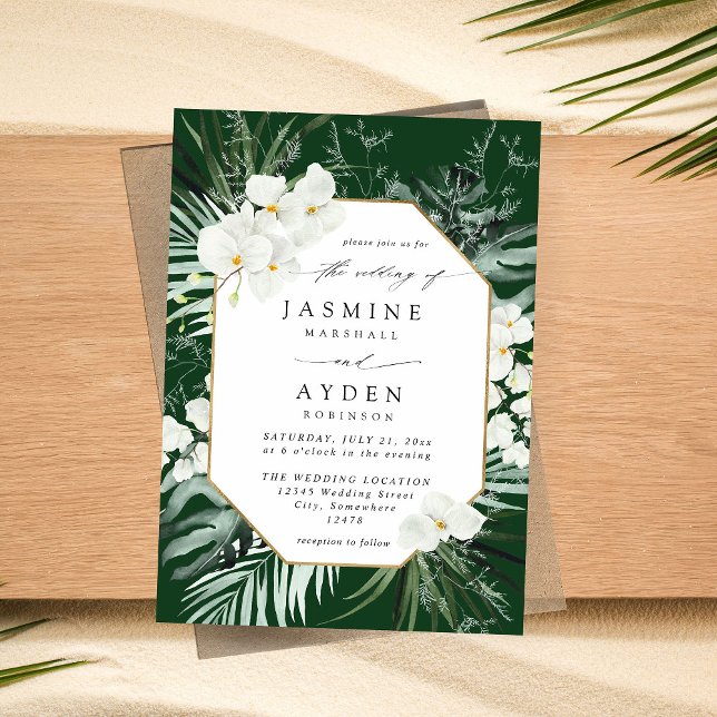 Tropical Palm & White Floral Wedding V2B LNM Green Invitation (Creator Uploaded)