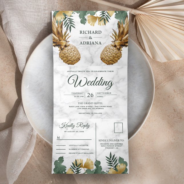 Tropical Palm White Marble Gold Pineapple Wedding Tri-Fold Invitation (Creator Uploaded)