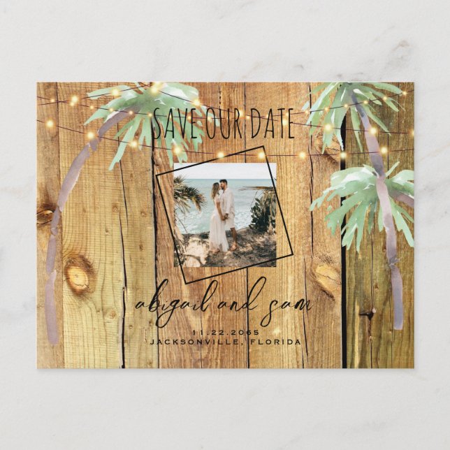 Tropical Palm & Wood Couple Photo Save Our Date Postcard (Front)