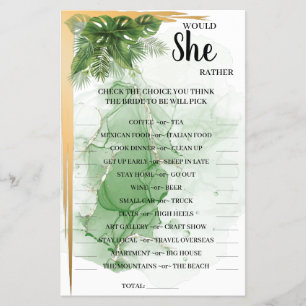 Tropical Palm Would She Rather Bridal Shower Game Flyer
