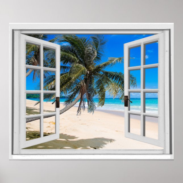 Tropical Palms and Ocean Window View Poster (Front)