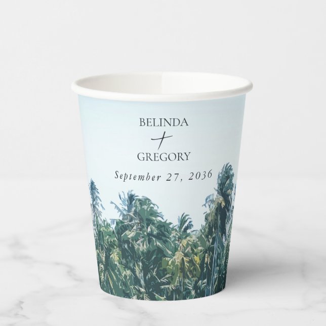 Tropical Palms & Beach Destination Wedding  Paper Cups (Left)