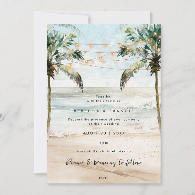 tropical palms beach lights wedding invitation (Front)